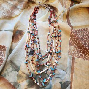 VTG Southwestern Handmade 6 Strand "Treasure" Statement Necklace, Long, wt-225 G